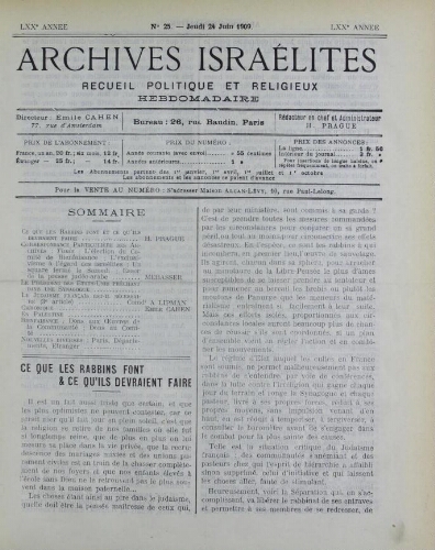 Archives israélites de France. Vol.70 N°25 (24 juin 1909)